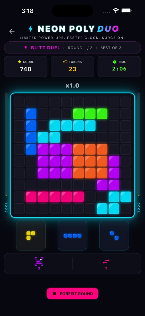 Neon Poly Duo gameplay with a glowing board and polyomino pieces