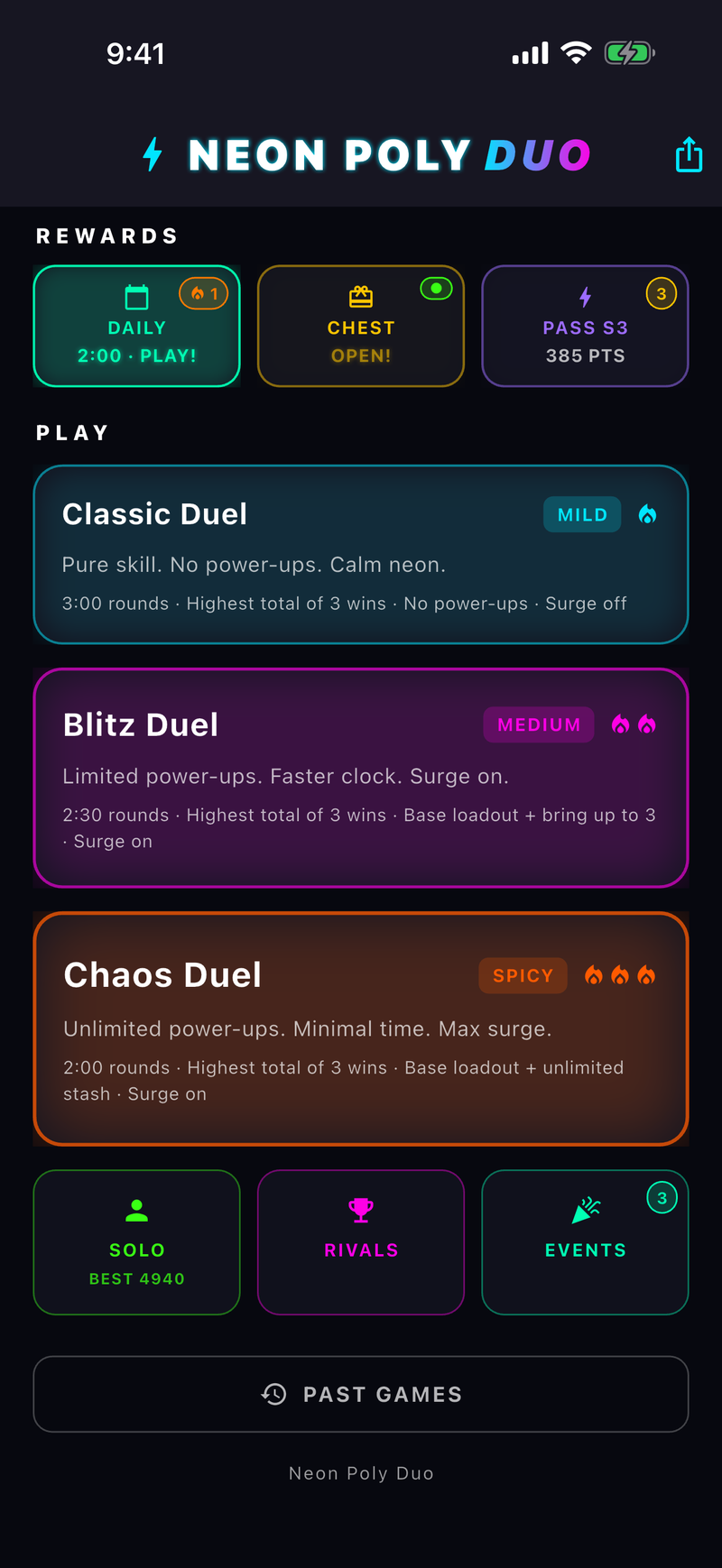 The home screen with rewards and the Classic, Blitz, and Chaos duel cards