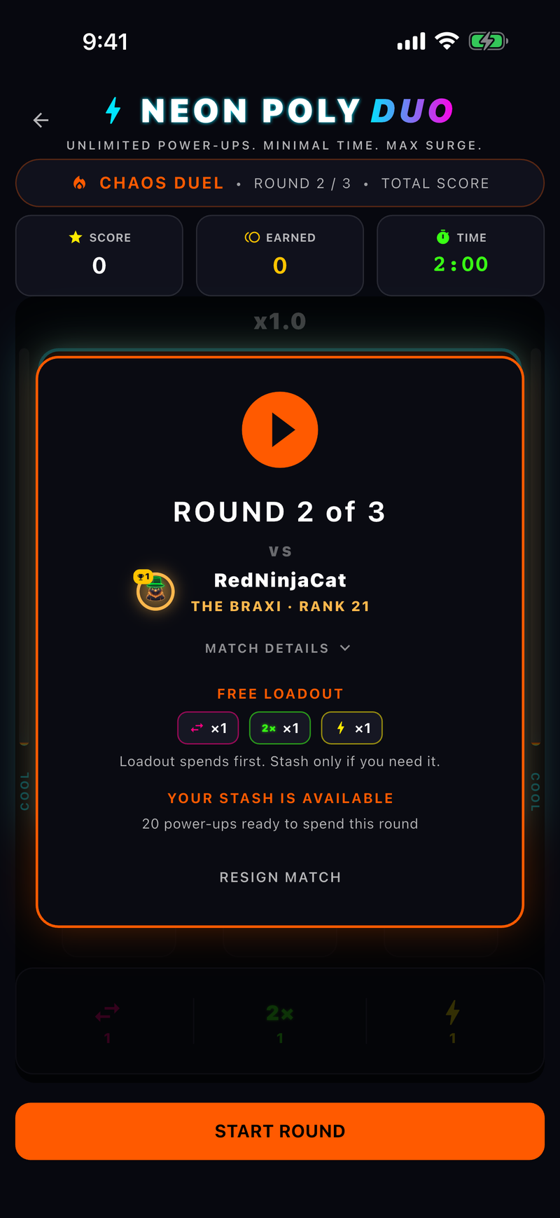 The Lobby: a rival matchup and power-up loadout before a round